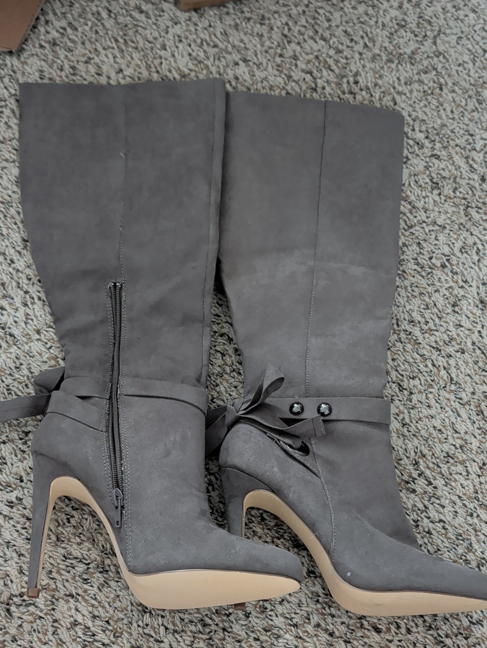 Shoedazzle Gray Suede Knee High Stiletto Boots with Wrap Bow - New